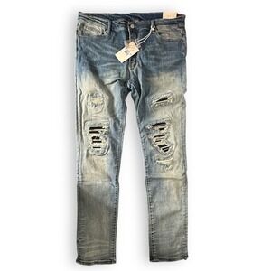 MNML Distressed Moto Denim Jeans Mens 38 Blue Ripped Stretch Biker Grunge NEW